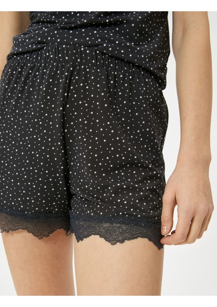 Pijama Altı Şort Dantel Detaylı Puantiyeli Beli Lastikli