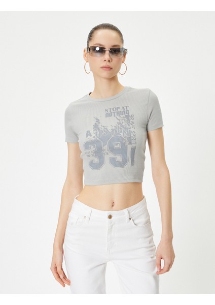 Crop Tişört Kısa Kollu Bisiklet Yaka Pamuklu Slim Fit