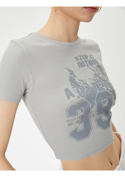 Crop Tişört Kısa Kollu Bisiklet Yaka Pamuklu Slim Fit