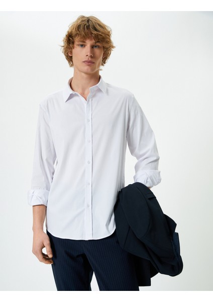 Slim Fit Gömlek Yarım Italyan Yaka Düğmeli Uzun Kollu