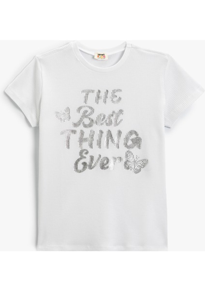 Tişört Slogan Baskılı Kısa Kollu Bisiklet Yaka Dokulu Pamuklu