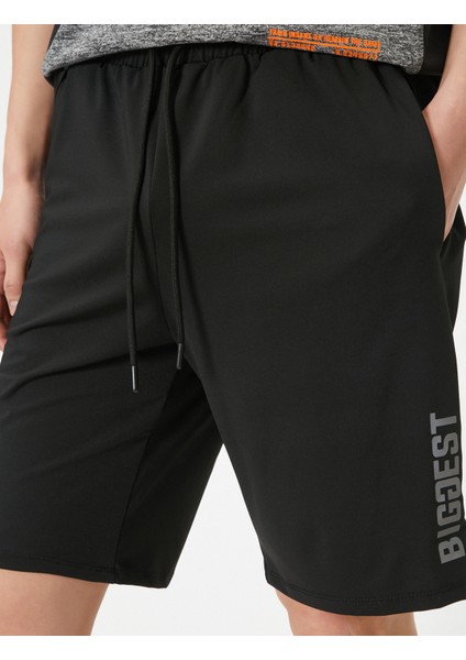 Spor Şort Slogan Baskılı Beli Bağcıklı Cepli