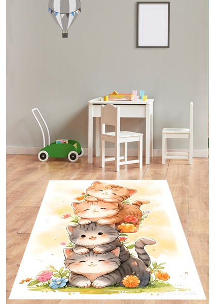 Beyaz Zemin Sevimli Yavru Kediler Desenli Baskı Yıkanabilir Kaymaz Taban Leke Tutmaz Çocuk Odası Halısı fiyatları