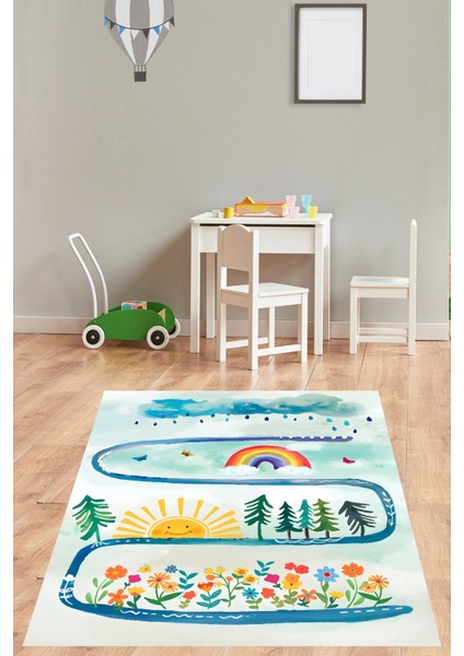 Bulut Gökkuşağı Güneş Renkli Çiçekler Desenli Yıkanabilir Kaymaz Taban Leke Tutmaz Çocuk Odası Halısı