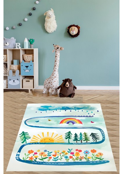 Bulut Gökkuşağı Güneş Renkli Çiçekler Desenli Yıkanabilir Kaymaz Taban Leke Tutmaz Çocuk Odası Halısı fiyatları