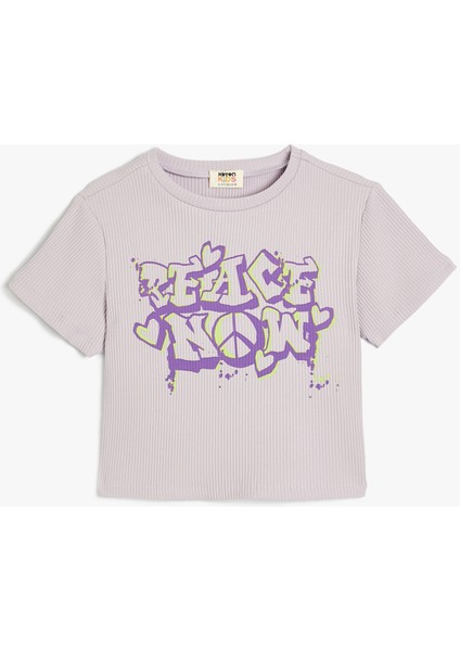 Crop Tişört Grafiti Baskılı Kısa Kollu Bisiklet Yaka Dokulu Pamuklu