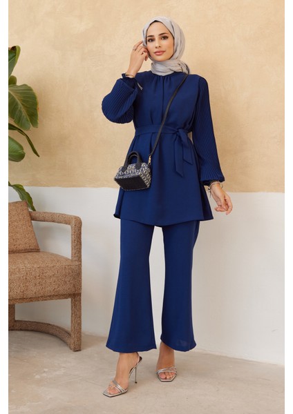 Kolları Piliseli Pantolon Tunik Takım - Indigo