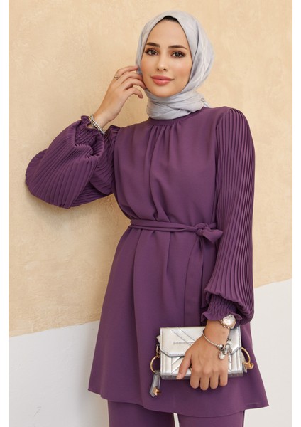 Kolları Piliseli Pantolon Tunik Takım - Leylak