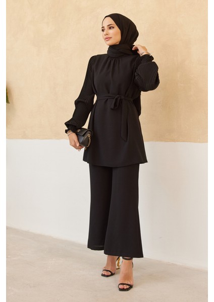 Kolları Piliseli Pantolon Tunik Takım - Siyah