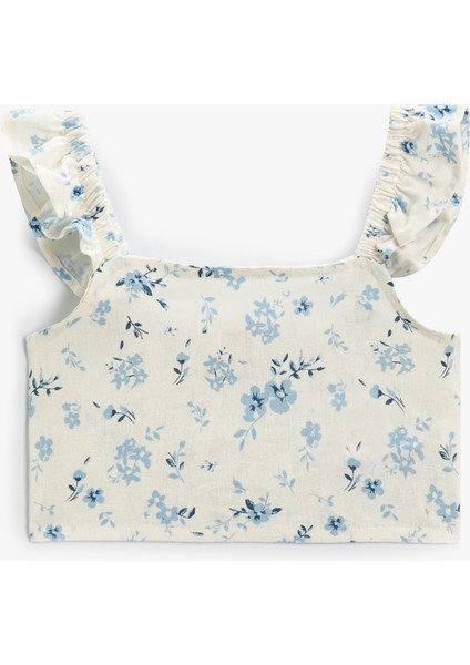 Crop Bluz Keten Karışımlı Fırfırlı Askılı