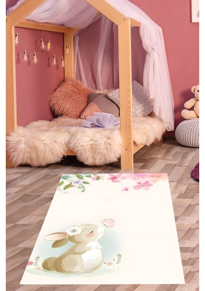 Çiçek Bahçeli Kelebe ve Sevimli Tavşan Yıkanabilir Kaymaz Taban Leke Tutmaz Çocuk Odası Halısık