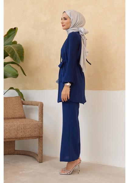 Kolları Piliseli Pantolon Tunik Takım - Indigo indirimleri