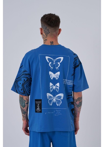 Erkek Number 5 Baskılı Oversize Açık Mavi Tişört