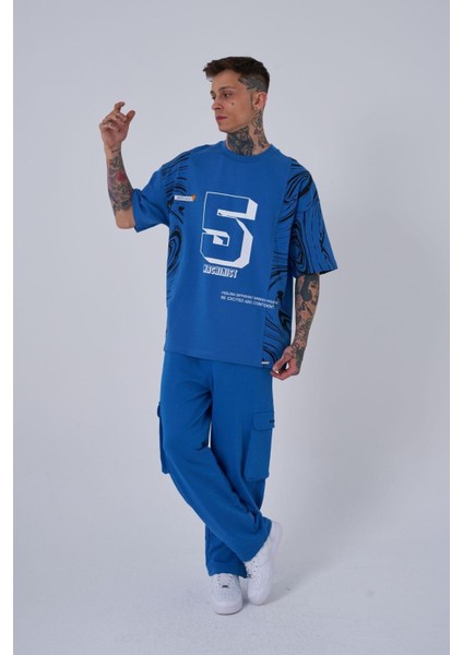 Erkek Number 5 Baskılı Oversize Açık Mavi Tişört