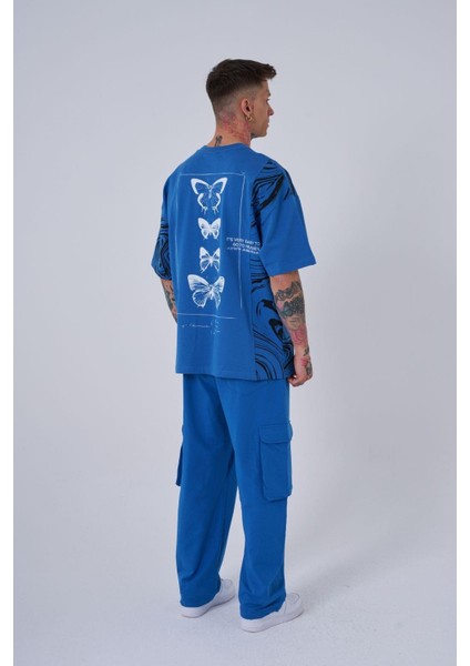 Erkek Number 5 Baskılı Oversize Açık Mavi Tişört