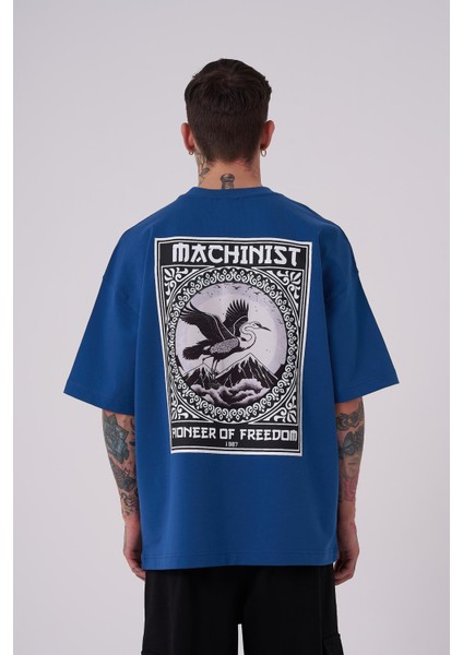 Erkek Crane Patch Baskılı Oversize Indigo Tişört