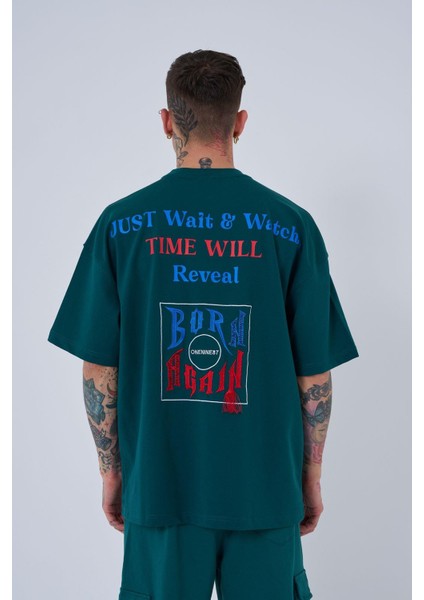Erkek Just Wait Baskılı Oversize Petrol Yeşili Tişört