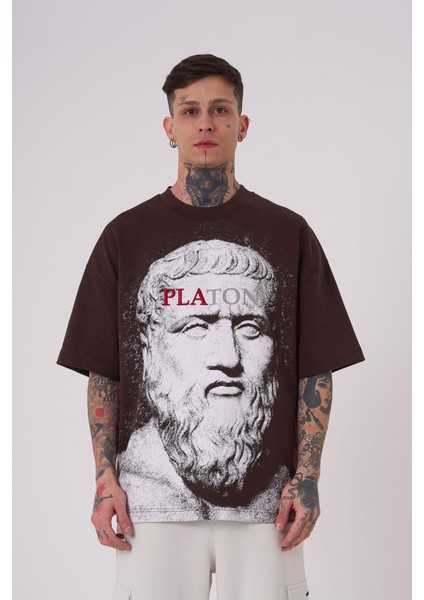 Erkek Premium Platon Oversize Kahverengi Tişört