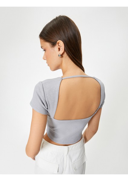 Sırt Dekolteli Tişört Crop Kısa Kollu Fitilli Slim Fit