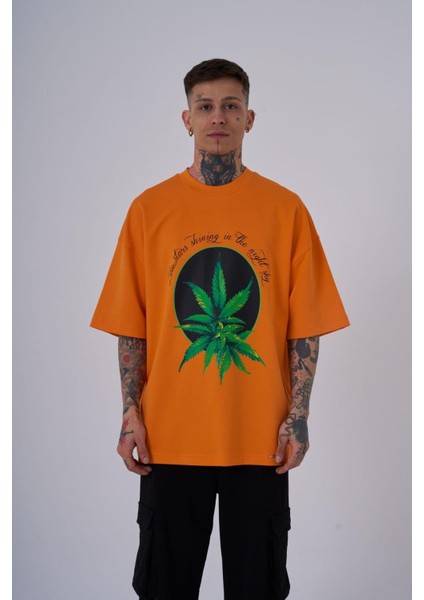 Erkek Herb Printed Baskılı Oversize Turuncu Tişört