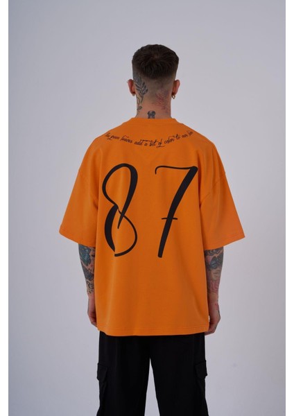 Erkek Herb Printed Baskılı Oversize Turuncu Tişört