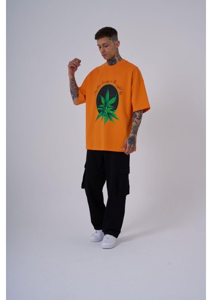 Erkek Herb Printed Baskılı Oversize Turuncu Tişört