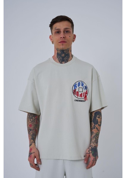 Erkek Just Wait Baskılı Oversize Gri Tişört