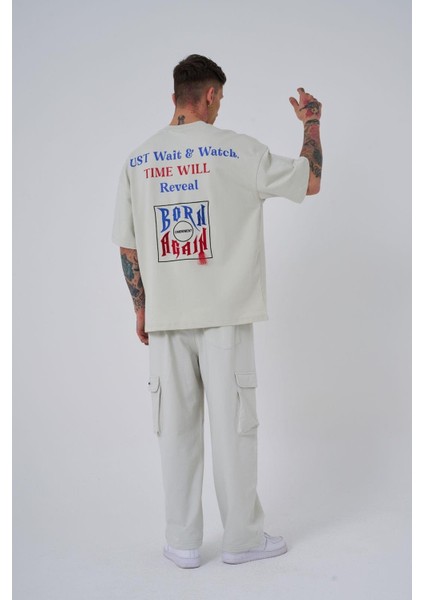 Erkek Just Wait Baskılı Oversize Gri Tişört