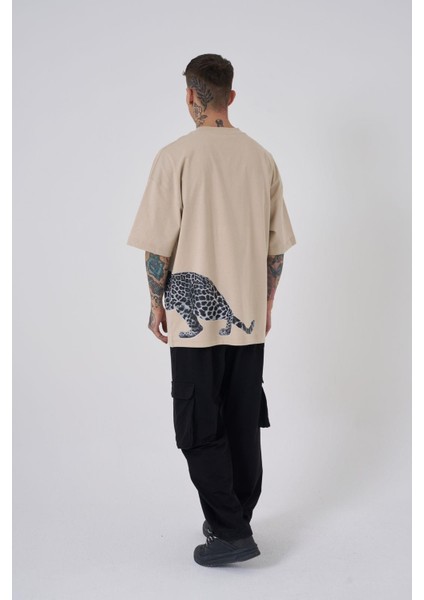 Erkek Leopard Baskılı Oversize Açık Bej Tişört fırsatları