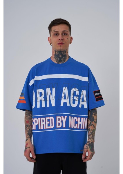Erkek Inspired By Machinist Baskılı Oversize Açık Mavi Tişört
