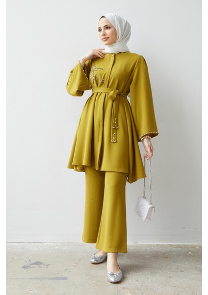 Luna Taş Işlemeli Takım - Yağ Yeşili