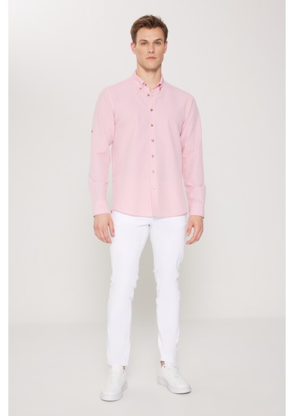 Erkek Pembe Slim Fit Dar Kesim Gofre Desenli Düğmeli Yaka Oxford Gömlek fiyatları