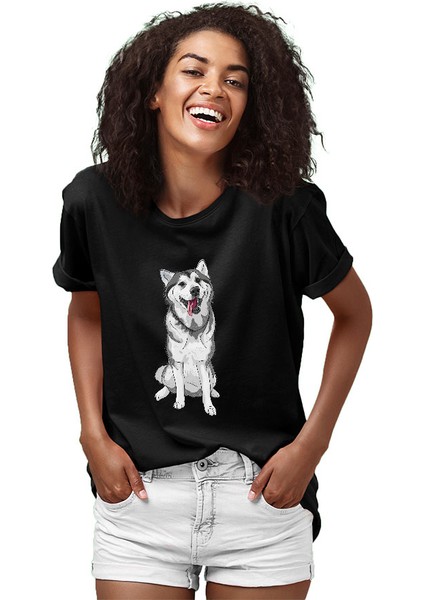 Söz Dinleyen Sibirya Kurdu Husky Haski Siyah Unisex Tişört T-Shirt