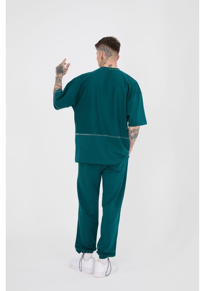 Erkek Blanket Stitch Oversize Petrol Yeşili Tişört