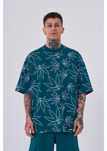 Erkek Cannabis Leaf Baskılı Oversize Petrol Yeşili Tişört
