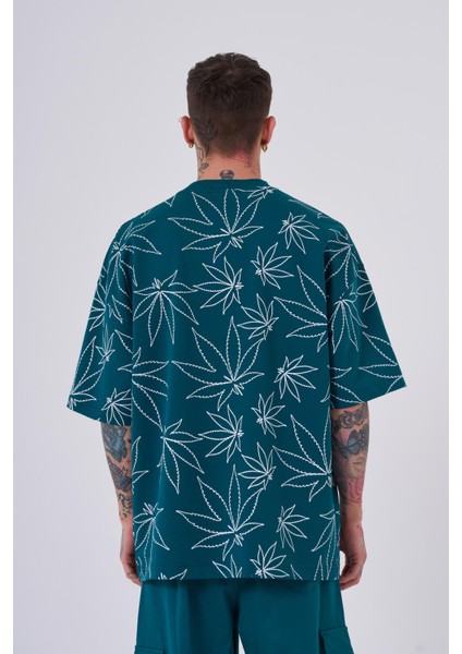 Erkek Cannabis Leaf Baskılı Oversize Petrol Yeşili Tişört