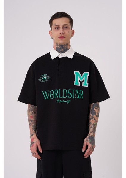 Erkek World Star Polo Yaka Siyah Tişört