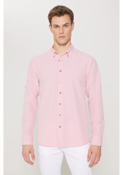 AC&Co / Altınyıldız Classics Erkek Pembe Slim Fit Dar Kesim Gofre Desenli Düğmeli Yaka Oxford Gömlek