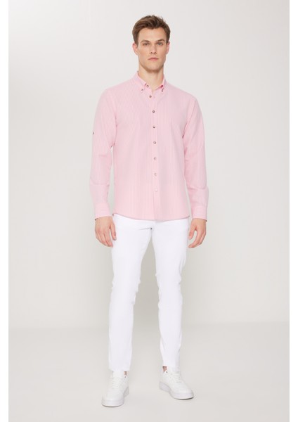 Erkek Pembe Slim Fit Dar Kesim Gofre Desenli Düğmeli Yaka Oxford Gömlek