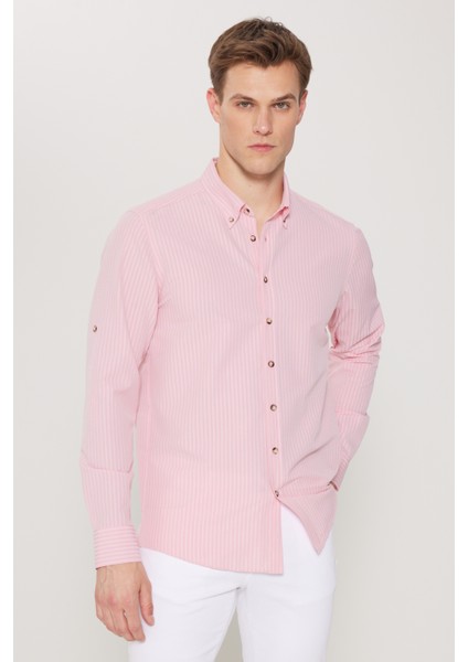 Erkek Pembe Slim Fit Dar Kesim Gofre Desenli Düğmeli Yaka Oxford Gömlek