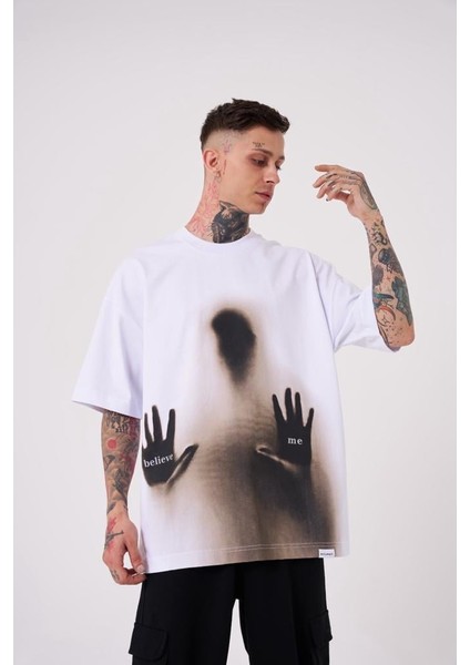 Erkek Believe Me Baskılı Oversize Beyaz Tişört