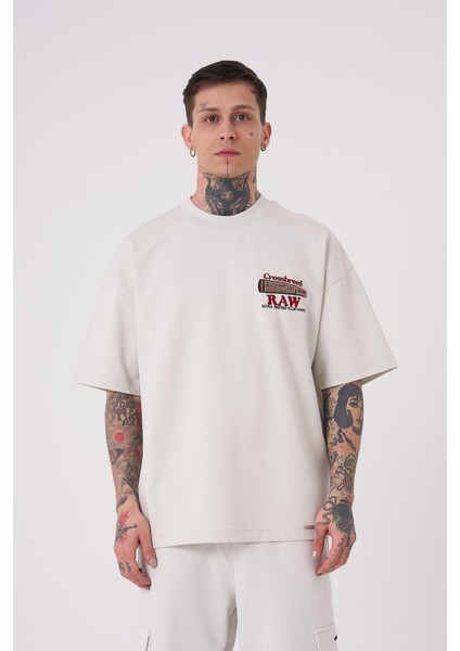 Erkek Raw Crossbreed Detaylı Oversize Gri Tişört