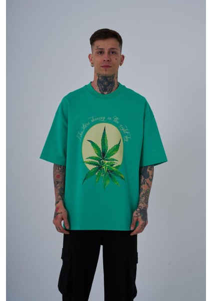 Erkek Herb Printed Baskılı Oversize Açık Yeşil Tişört