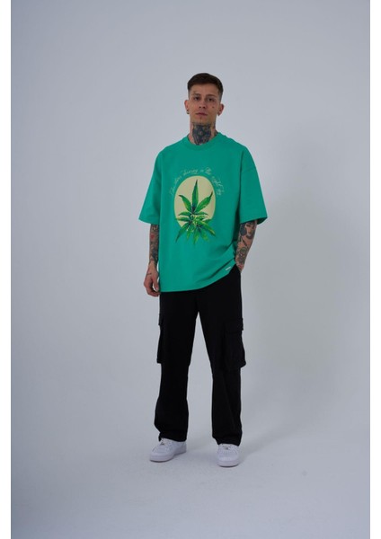 Erkek Herb Printed Baskılı Oversize Açık Yeşil Tişört modelleri