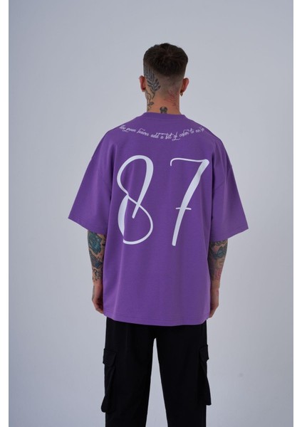 Erkek Herb Printed Baskılı Oversize Mor Tişört