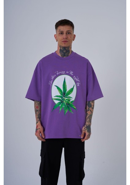 Erkek Herb Printed Baskılı Oversize Mor Tişört
