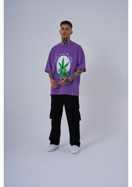 Erkek Herb Printed Baskılı Oversize Mor Tişört