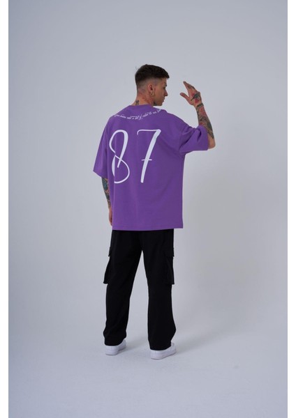 Erkek Herb Printed Baskılı Oversize Mor Tişört