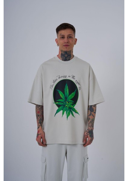 Erkek Herb Printed Baskılı Oversize Gri Tişört