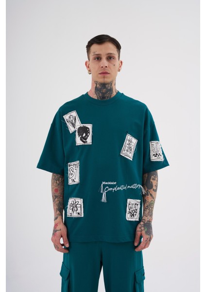 Erkek Printed Patched Baskılı Oversize Petrol Yeşili Tişört